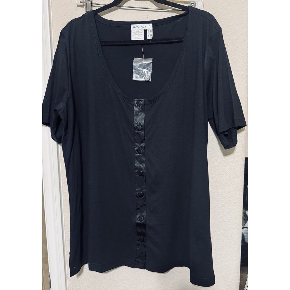 Ulla Popken Women's Black Tshirt Top Sz L NWOT Satin Button Front Lagenlook